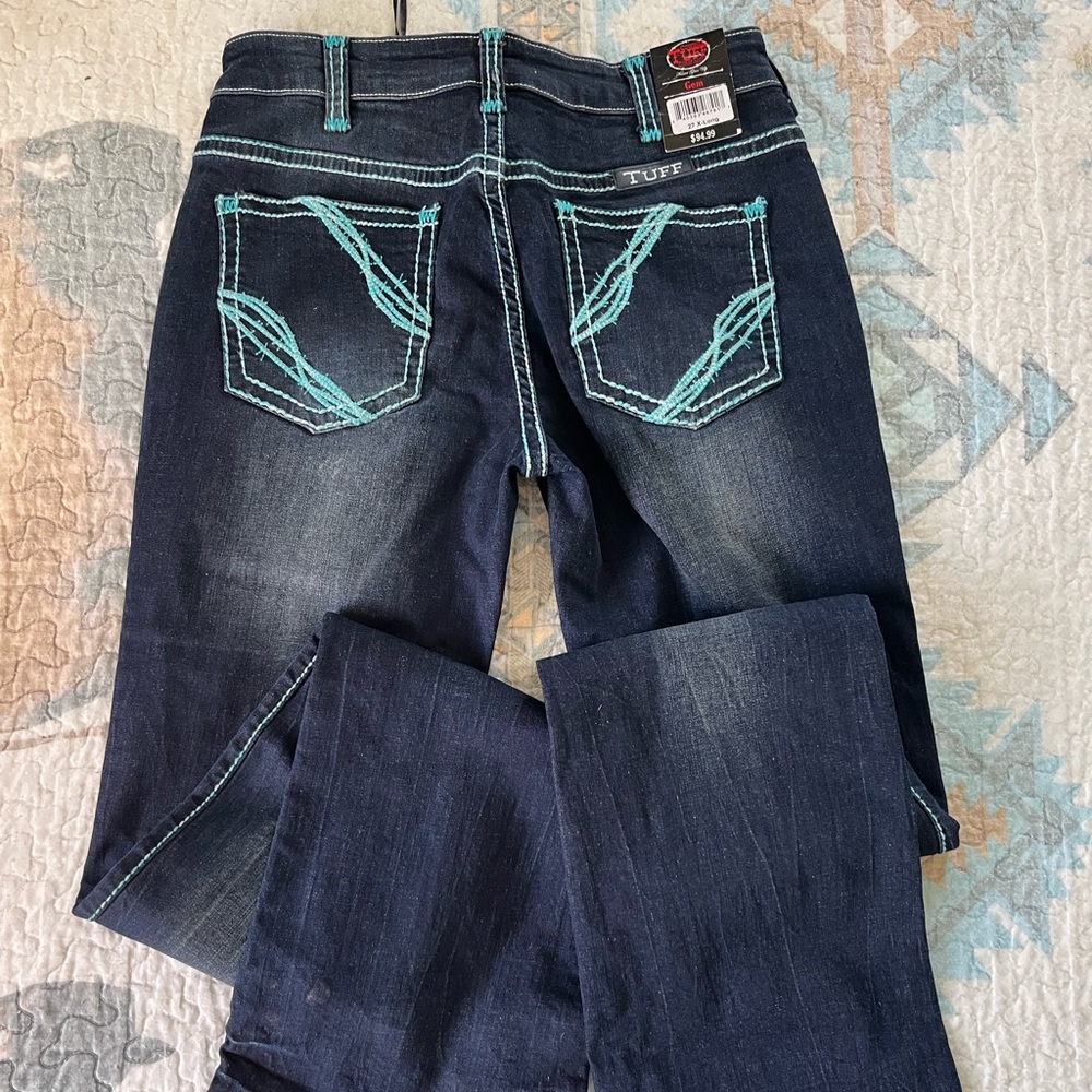 Cowgirl Tuff Dark Blue Boot Cut Jeans with Teal Stitching